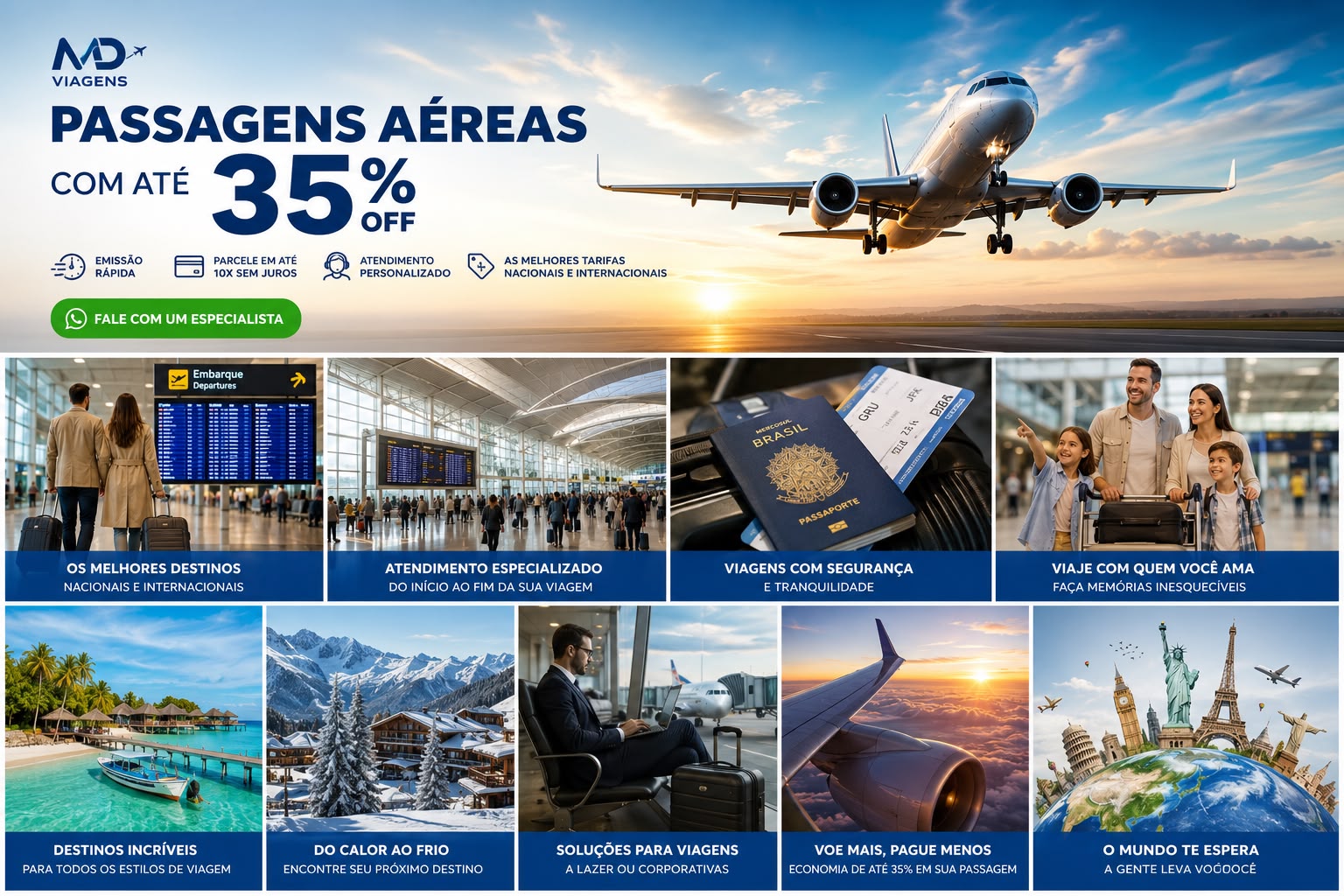 AMD Viagens — passagens aéreas com até 35% OFF, nacionais e internacionais. Emissão rápida, parcelamento em até 10x e atendimento personalizado.