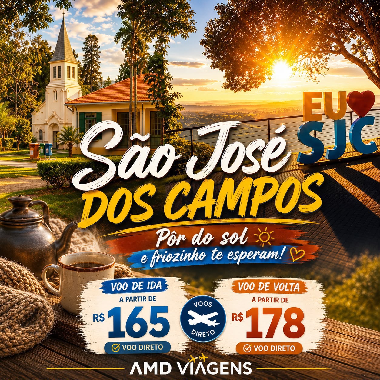 Oferta de passagem aérea para São José dos Campos · SP — Voo direto · pôr do sol e friozinho